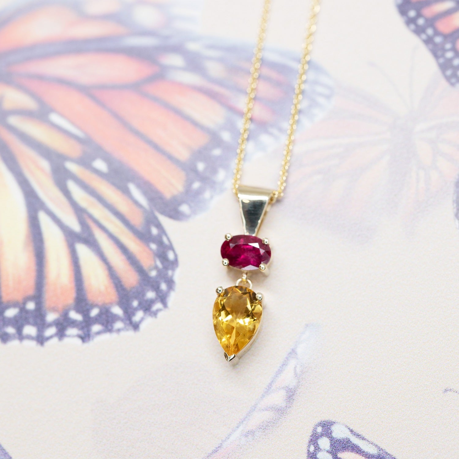 Pear Shape Citrine & Oval Shape Ruby Gold Pendant