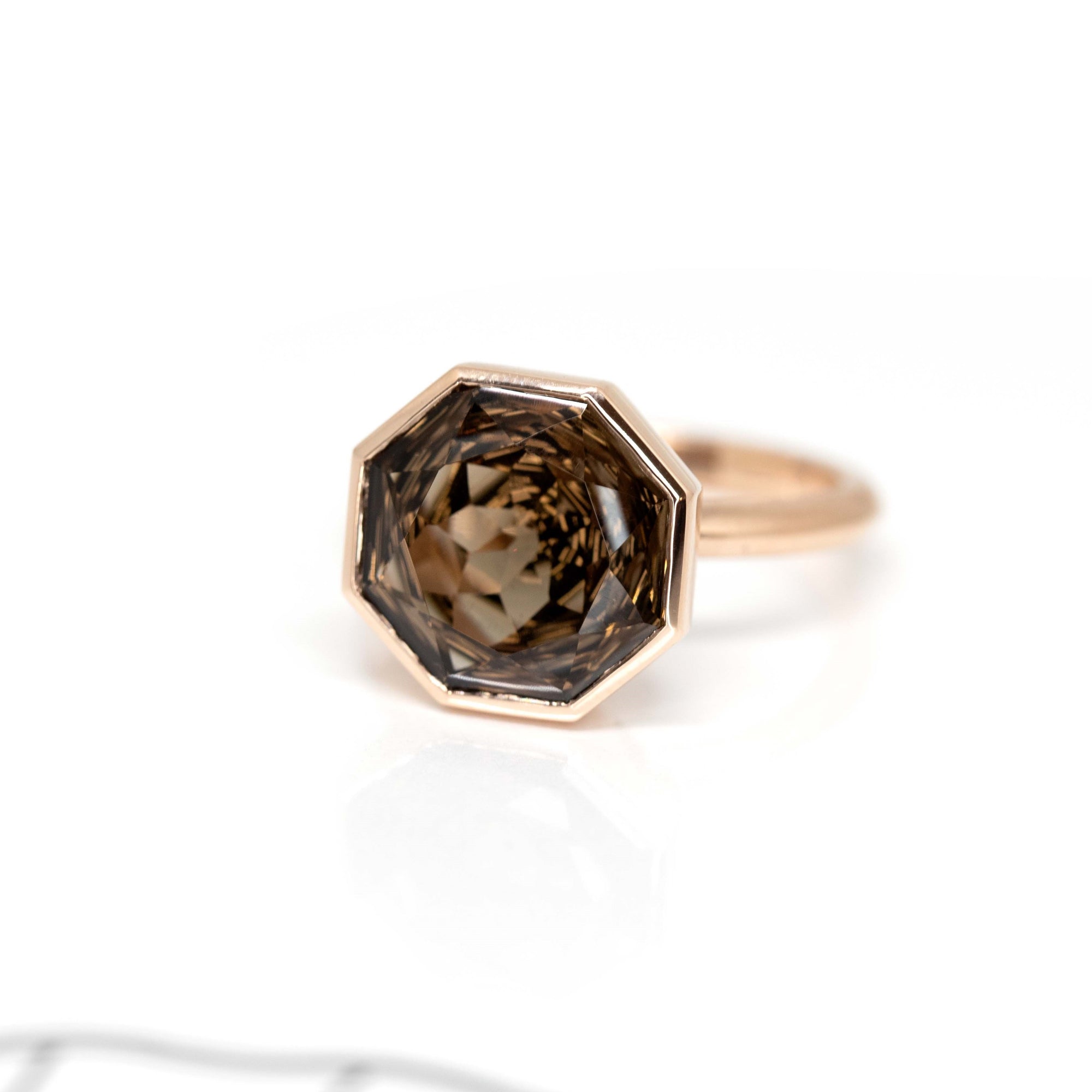 Side view of Bijou Round Octagon Smoky Ring, part of the Fancy Edgy collection, crafted by Bena Jewelry.