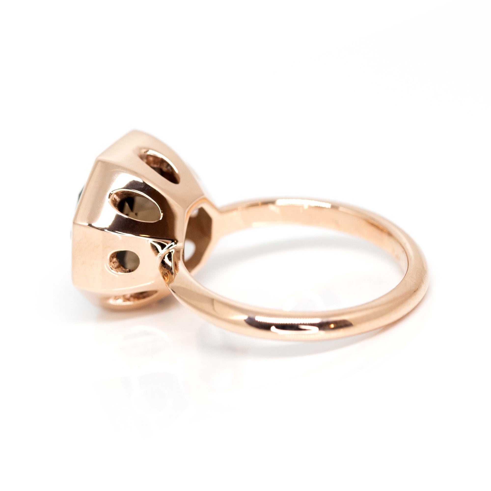 Back view of Rose gold statement ring with a round-octagon smoky quartz, worn to highlight its unique design, crafted by Bena Jewelry.