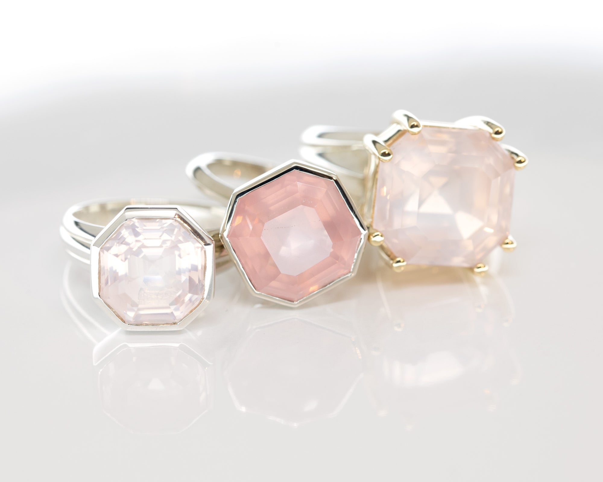Unique rose quartz cocktail ring in white gold by Bena Jewelry, featuring a bezel-set candy-pink gemstone, custom-made in Montreal for fine jewelry lovers.