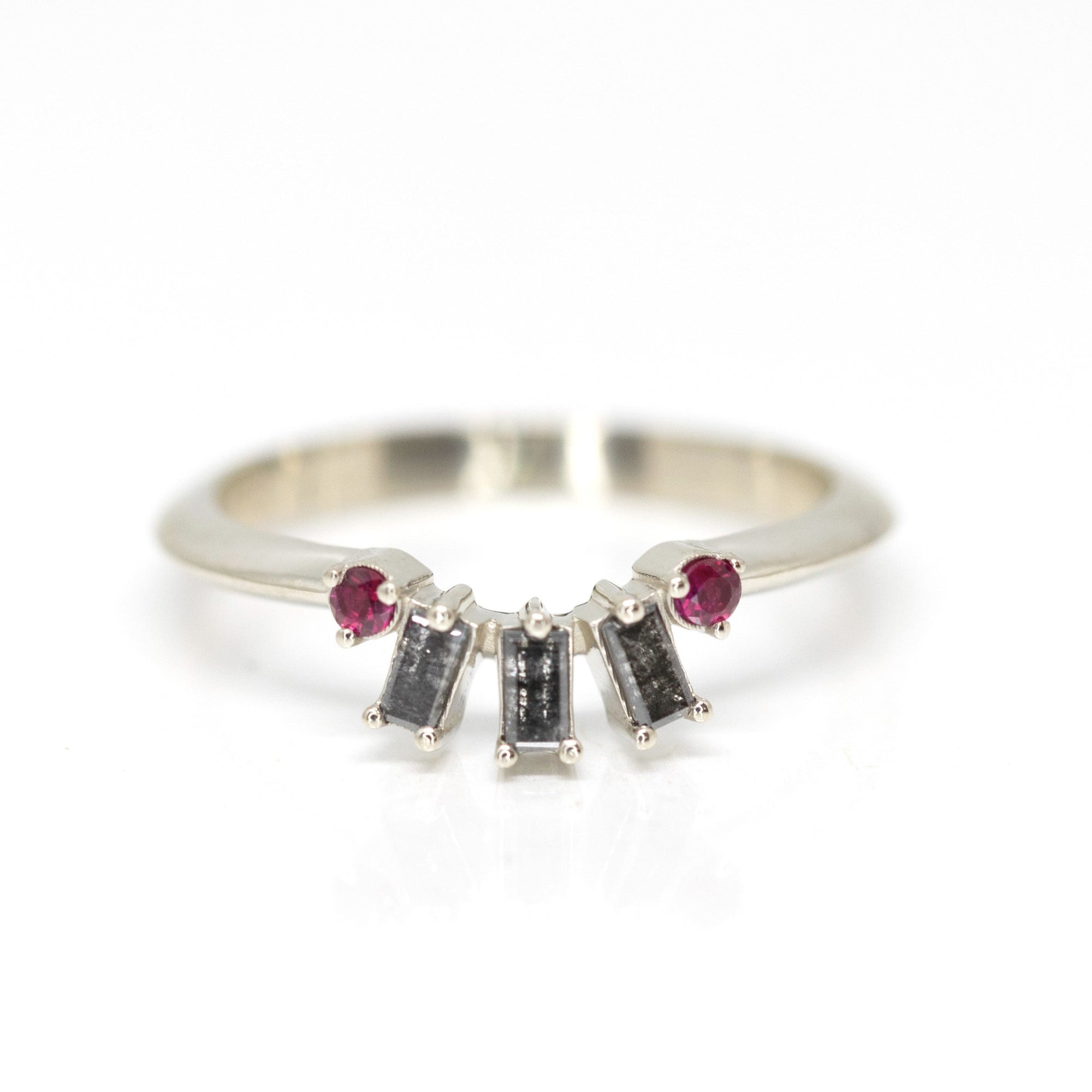 salt pepper diamond and ruby white gold wedding band custom made in montreal by bena jewelry designer on a white background