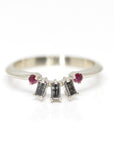 salt pepper diamond and ruby white gold wedding band custom made in montreal by bena jewelry designer on a white background