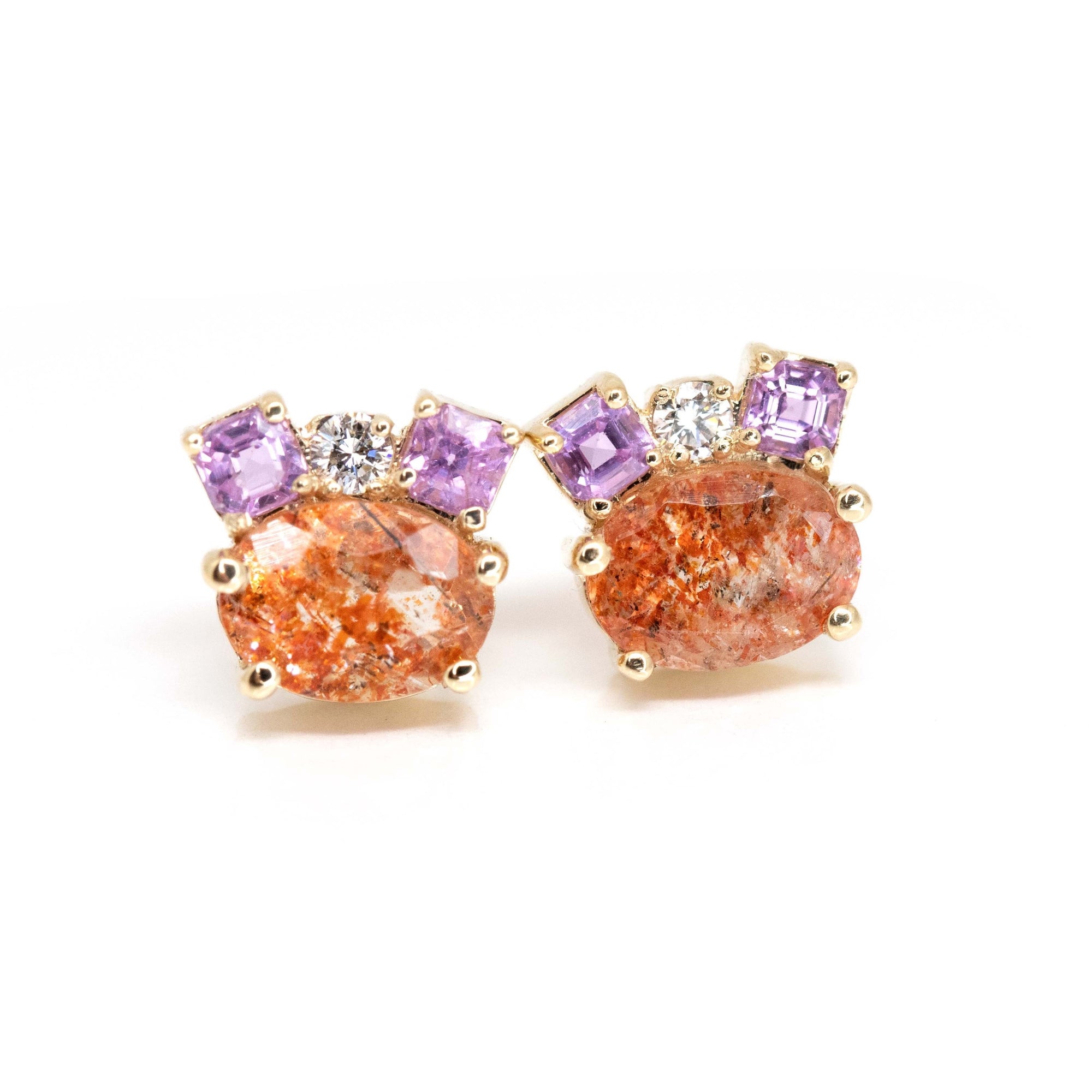 Sunstone, Pink Sapphire & Diamond Gold Stud Earrings