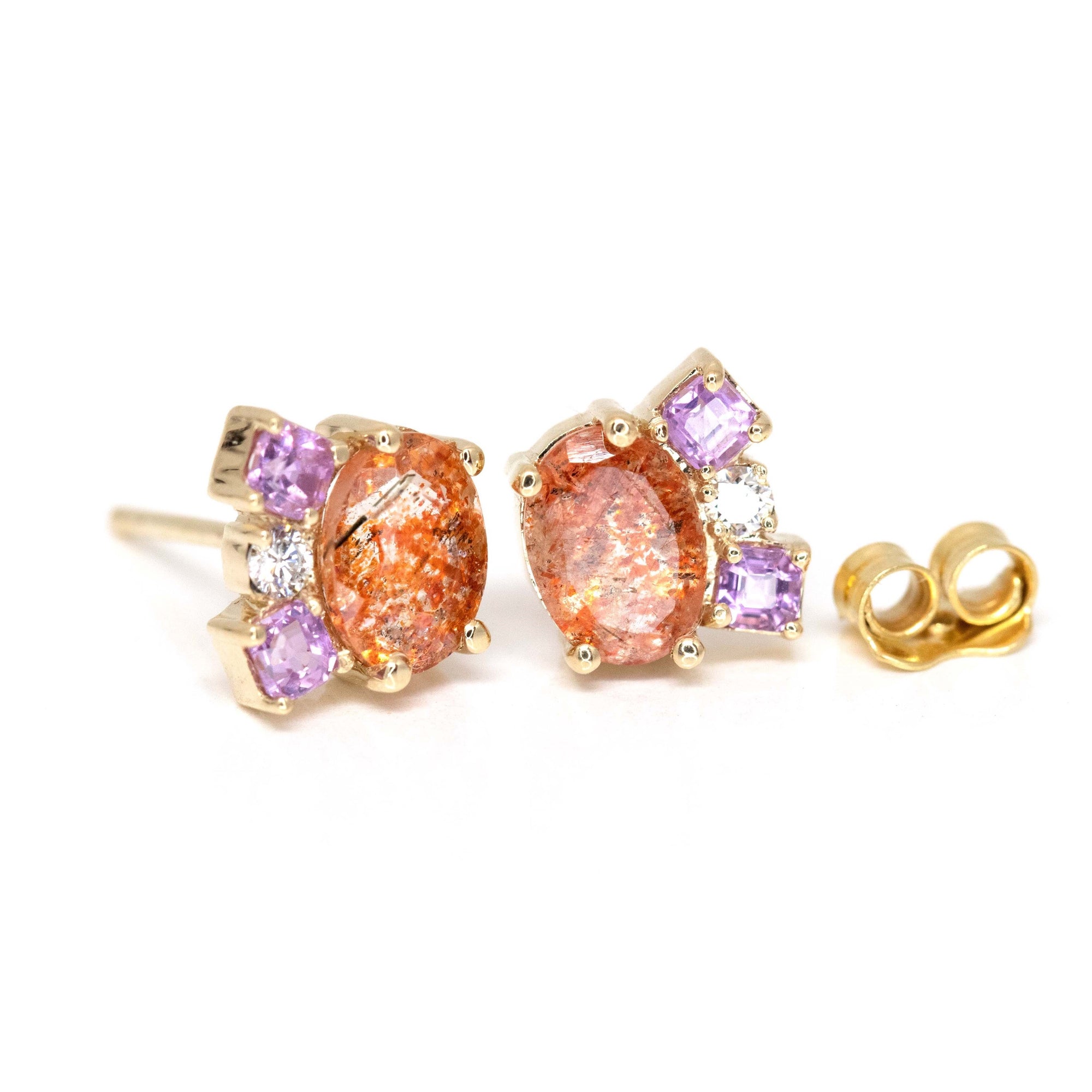 Sunstone, Pink Sapphire & Diamond Gold Stud Earrings