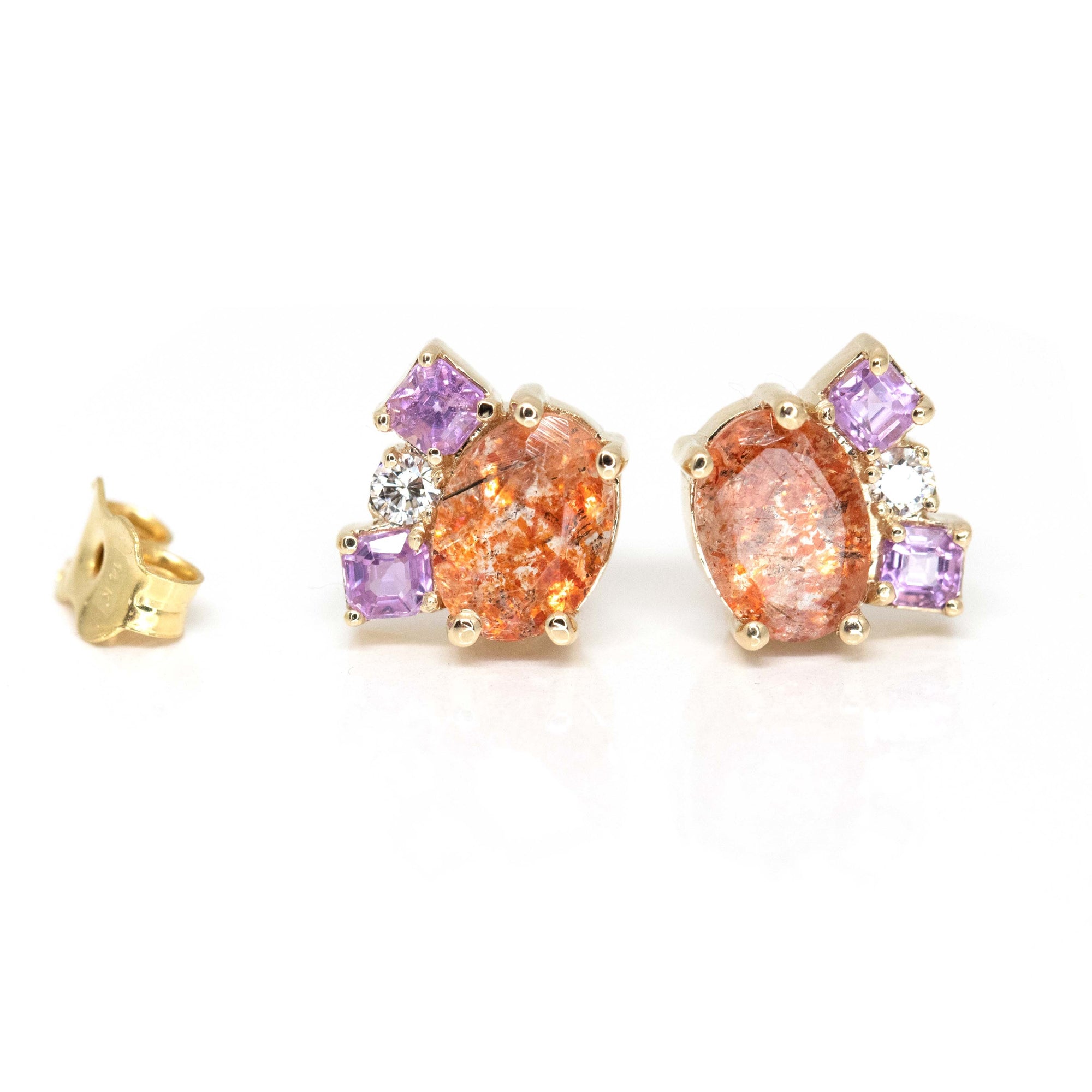 Sunstone, Pink Sapphire & Diamond Gold Stud Earrings