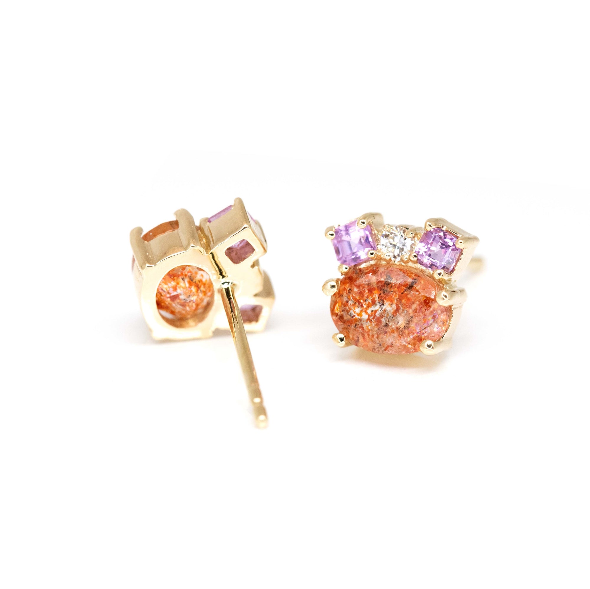 Sunstone, Pink Sapphire & Diamond Gold Stud Earrings
