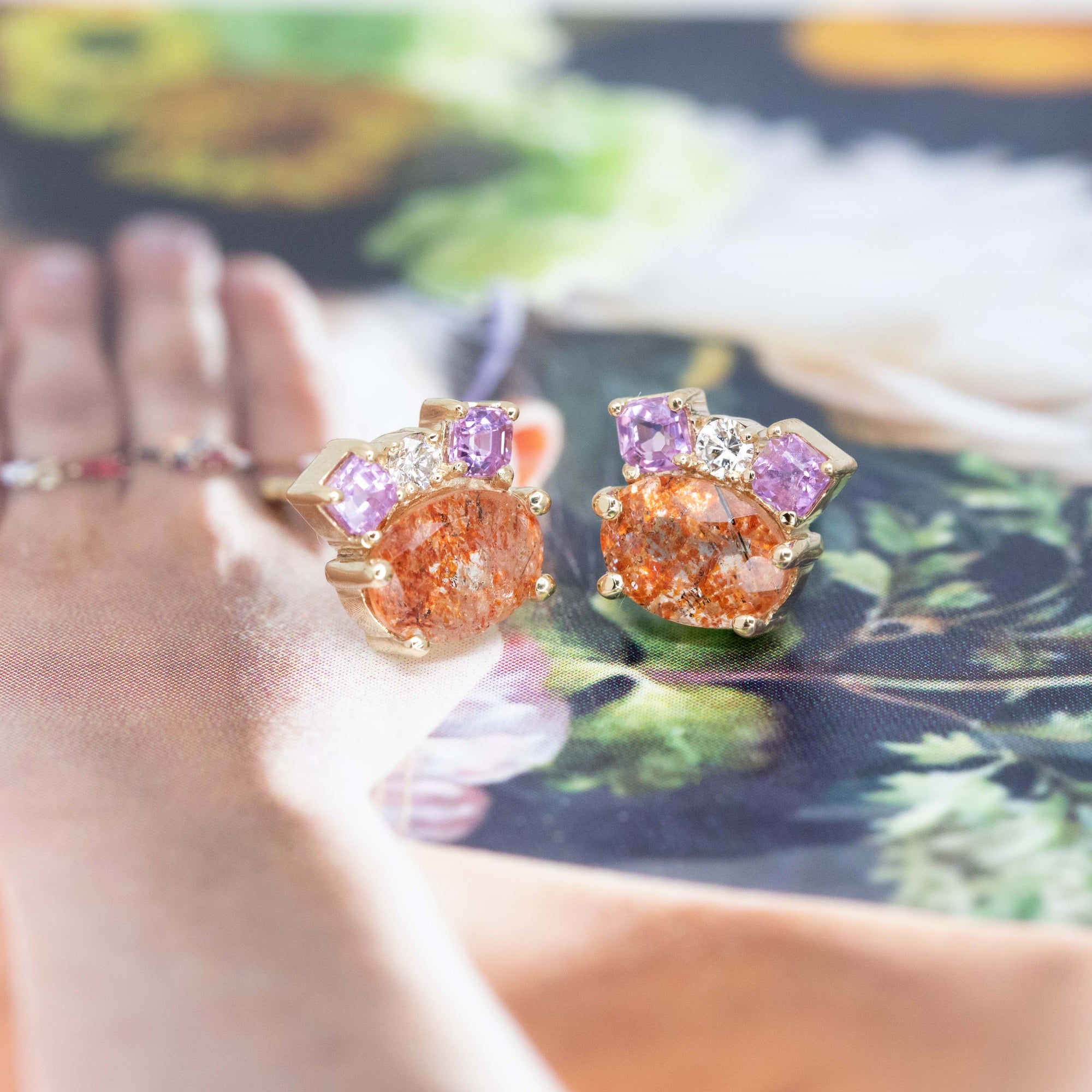 Sunstone, Pink Sapphire & Diamond Gold Stud Earrings