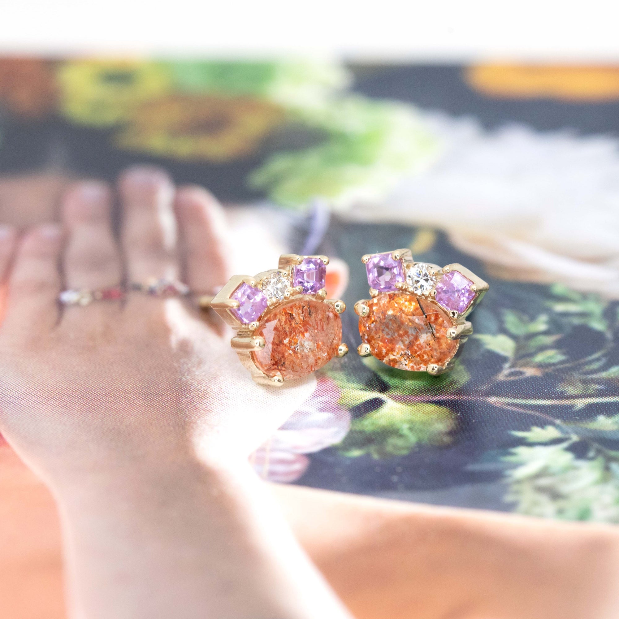 Sunstone, Pink Sapphire & Diamond Gold Stud Earrings