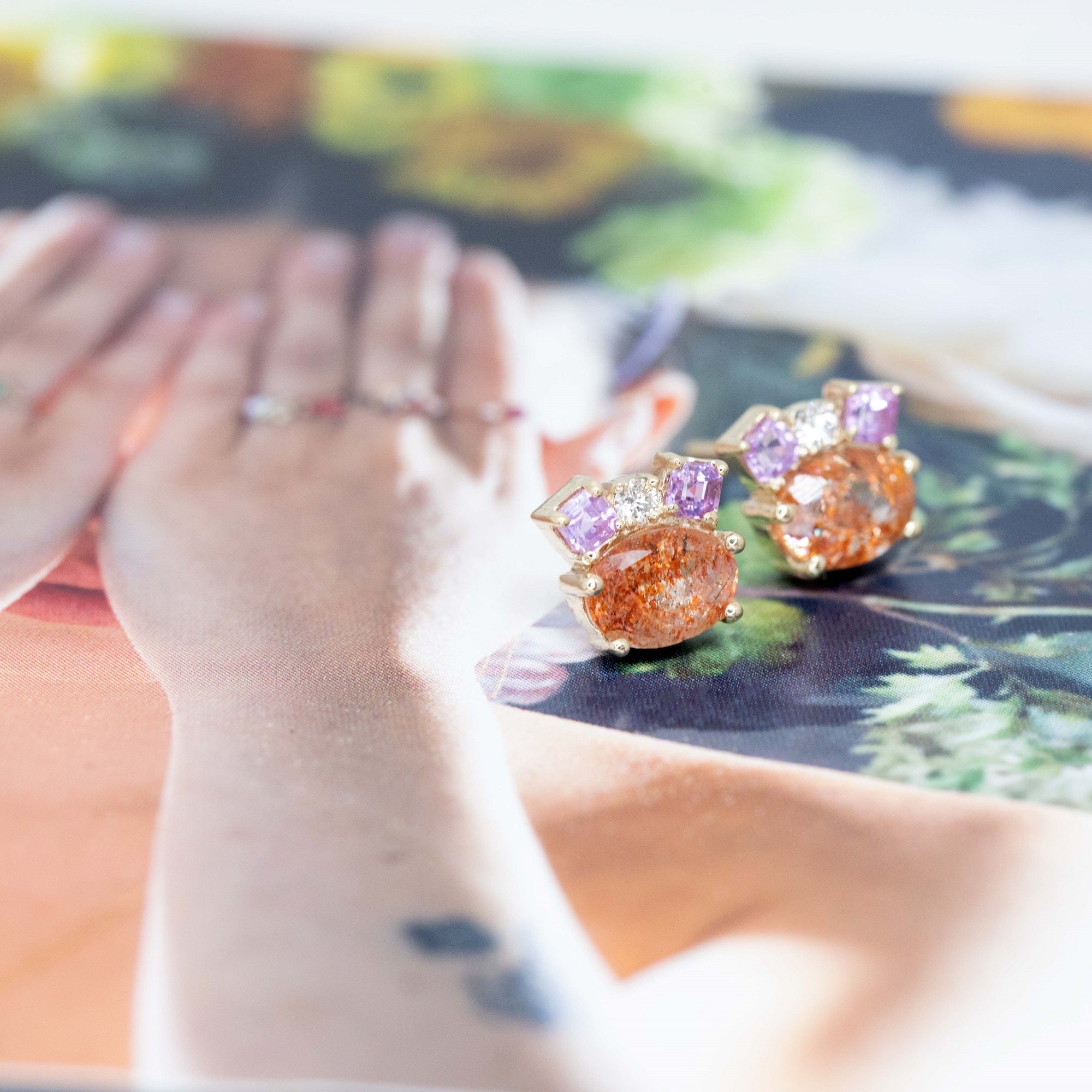 Sunstone, Pink Sapphire & Diamond Gold Stud Earrings
