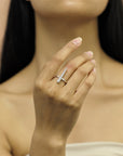 Front view of a girl showing Peak Ring in White Gold – A bold and avant-garde gold ring, crafted for statement wear.