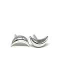 Crescent moon stud earrings in white gold by Bena Jewelry, minimalist unisex design, displayed on a white background. Handmade in Canada.