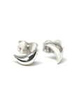 White gold moon stud earrings, sleek and modern design by Bena Jewelry, featured on a white background. Perfect for everyday wear, handmade in Canada.