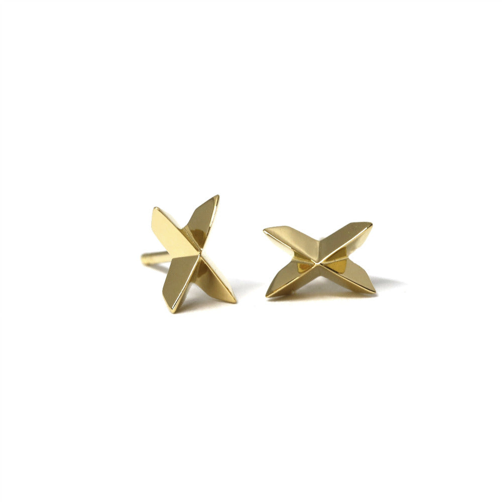 Yellow gold Cross Gold Studs with sharp and voluminous style, displayed on a clean white background, modern unisex earrings by Bena Jewelry.