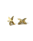 Yellow gold Cross Gold Studs with sharp and voluminous style, displayed on a clean white background, modern unisex earrings by Bena Jewelry.