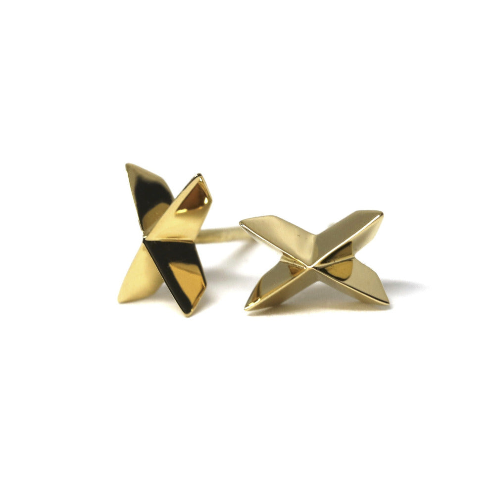 Cross Gold Studs in yellow gold by Bena Jewelry featuring a bold cross design, photographed on a white background, unisex fine jewelry made in Montreal.