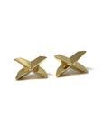Bold yellow gold cross-shaped earrings crafted by Bena Jewelry, photographed on a white background, custom-made fine jewelry from Canada.