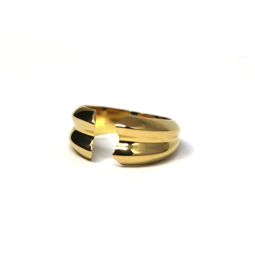 Close-up of Frill Ring in Yellow Gold – A sleek and structured gold ring with a smooth, high-polish finish.