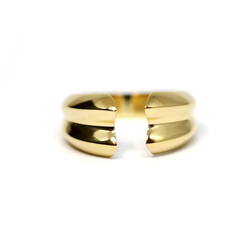 Frill Ring in Yellow Gold on white background – A bold and minimalist open-ended gold ring, crafted by Bena Jewelry in Montreal.