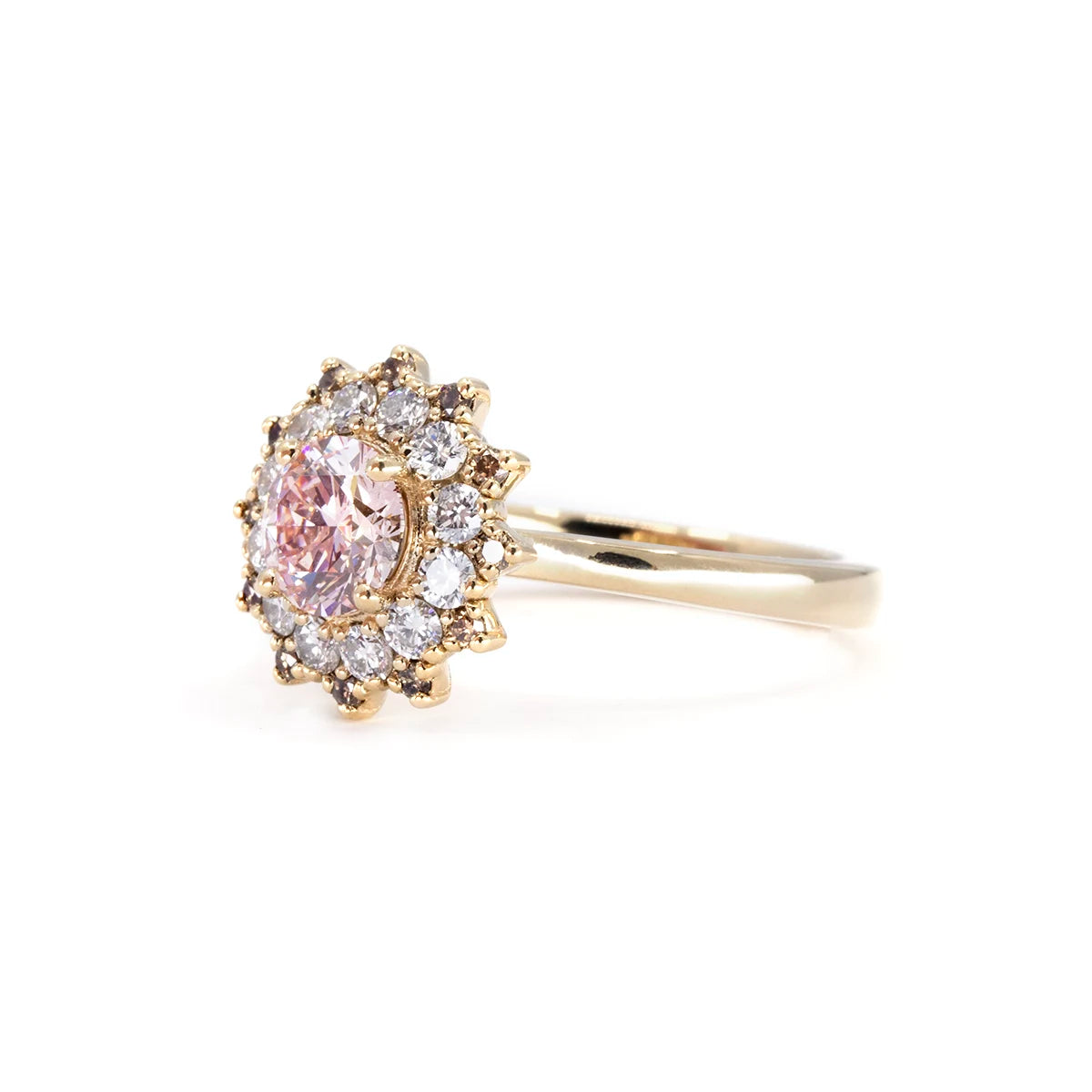 PINK DIAMOND WHITE HALO SOLEIL RING | Yellow Gold