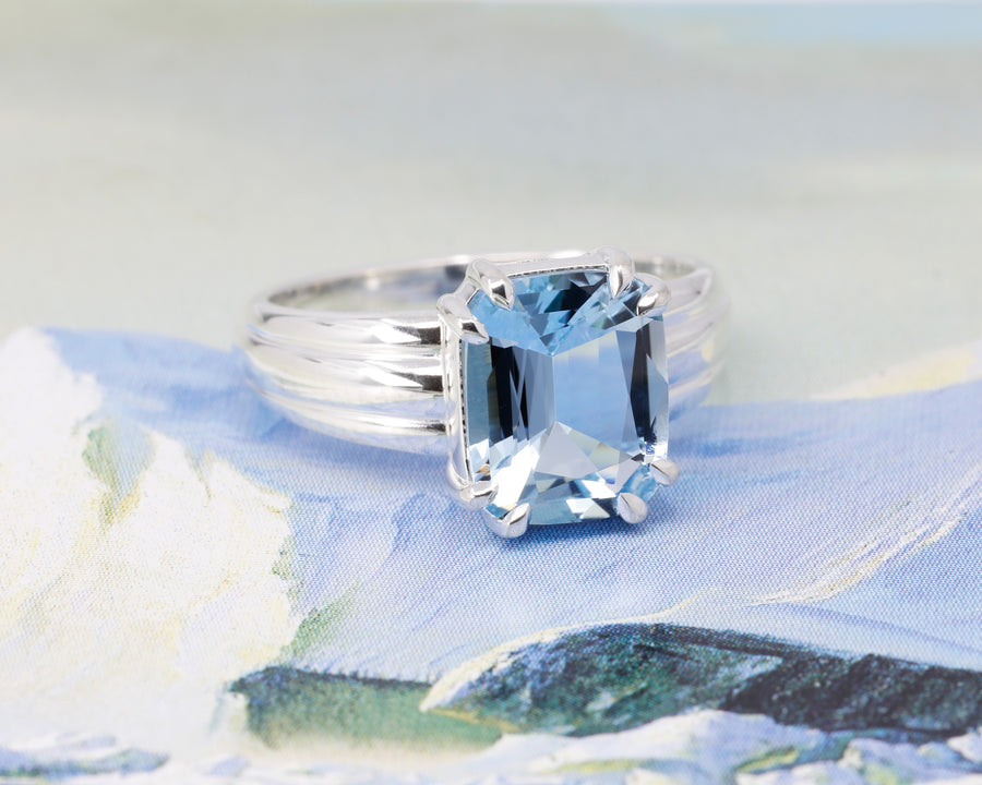 front view of cushion cut aquamarine gemstone silver ring by bena jewelry