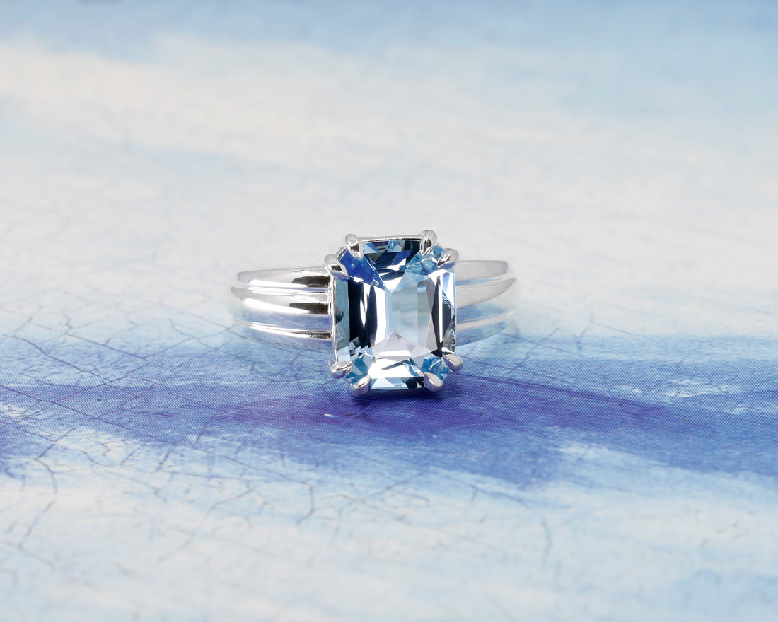 cushion shape aquamarine gemstone silver statement ring designer bena jewelry montreal