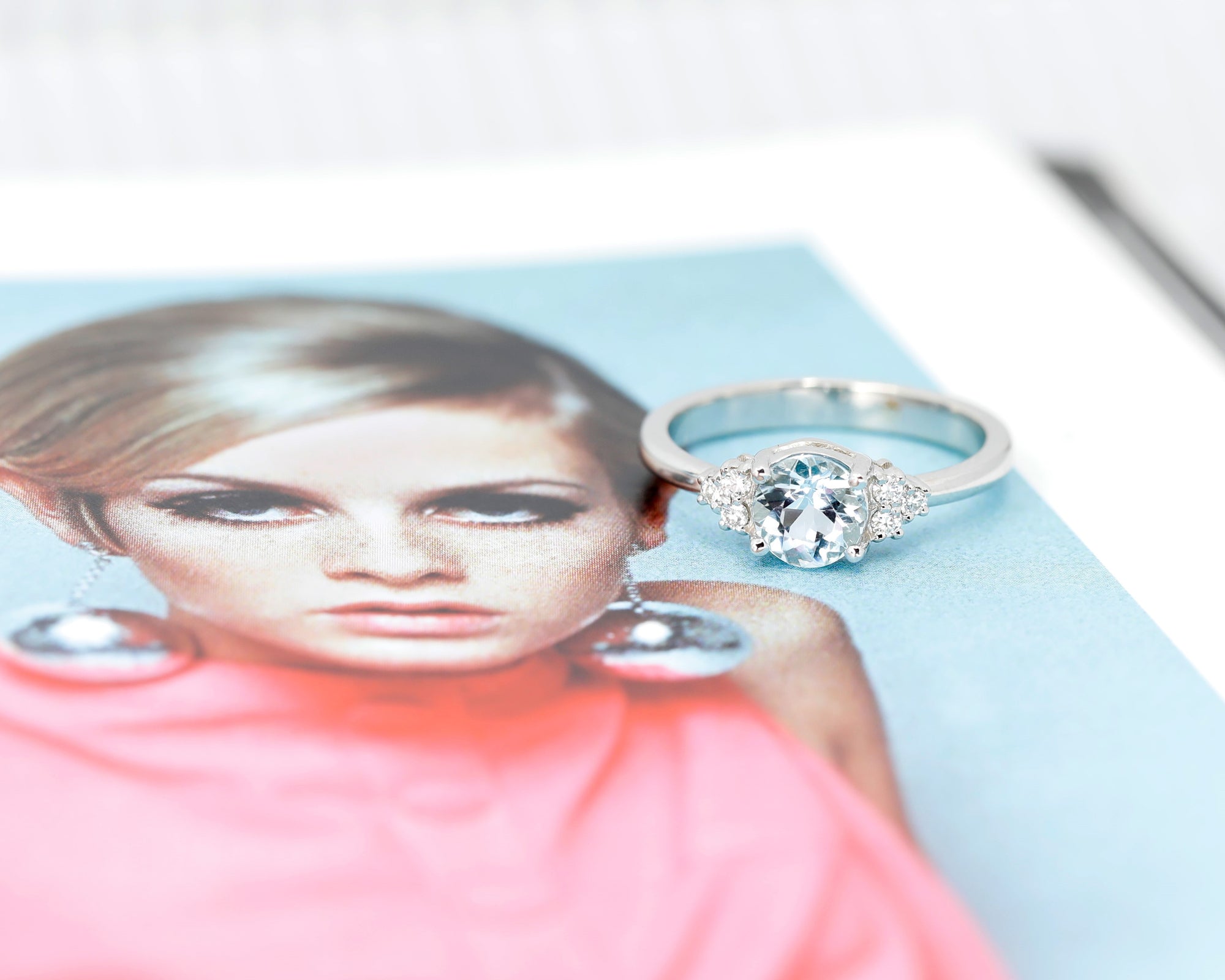 A model wearing the Aquamarine Diamond Custom Ring, highlighting its elegance and timeless appeal. Designed by Bena Jewelry in Montreal, Canada.