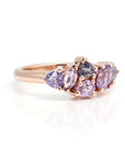 multi shape purple sapphire engagement ring custom made in montreal by bena jewelry on white bacgroud