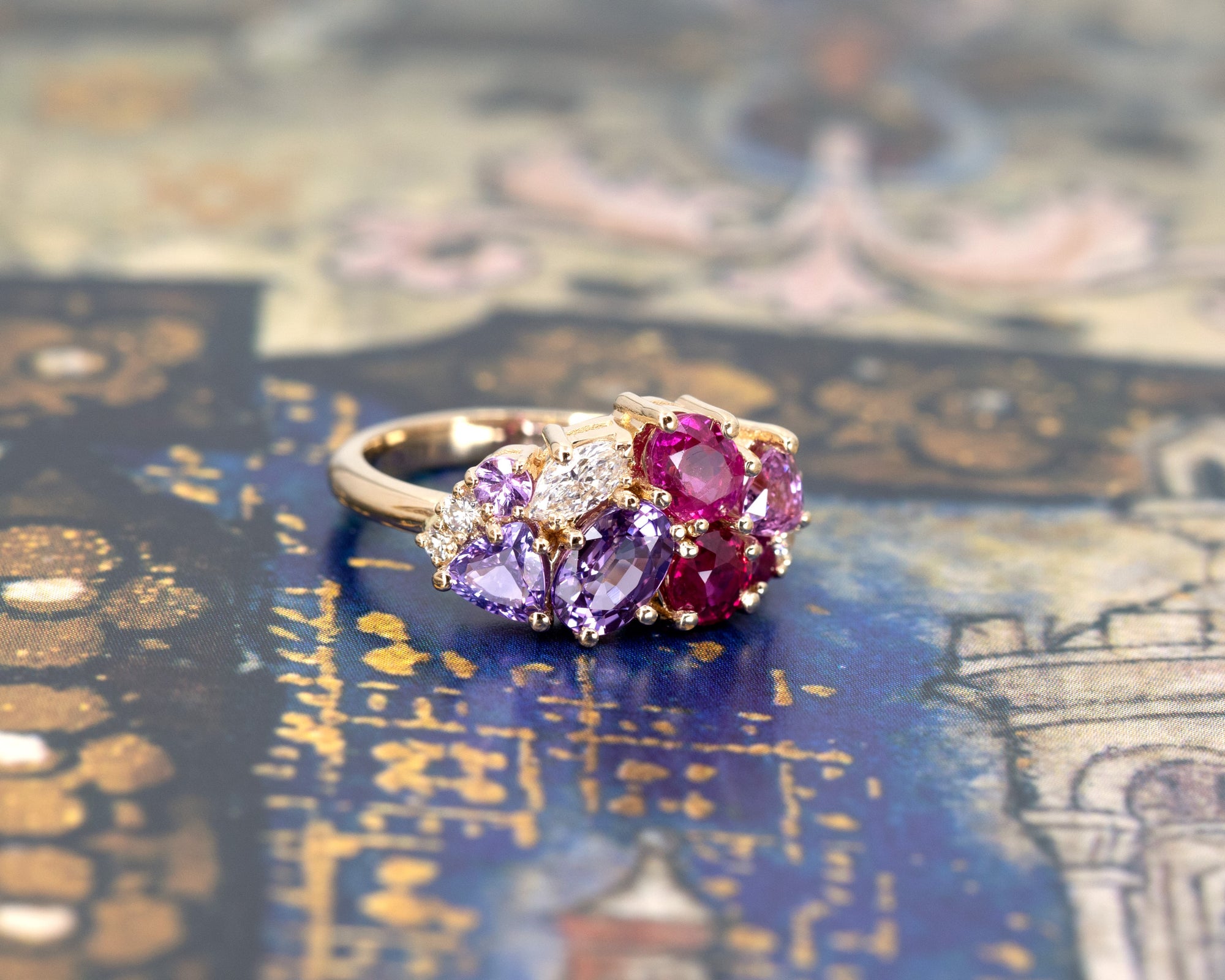 Highlights the depth of the gemstones and the sleek yellow gold band. Custom-made by Bena Jewelry, Montreal, Canada.