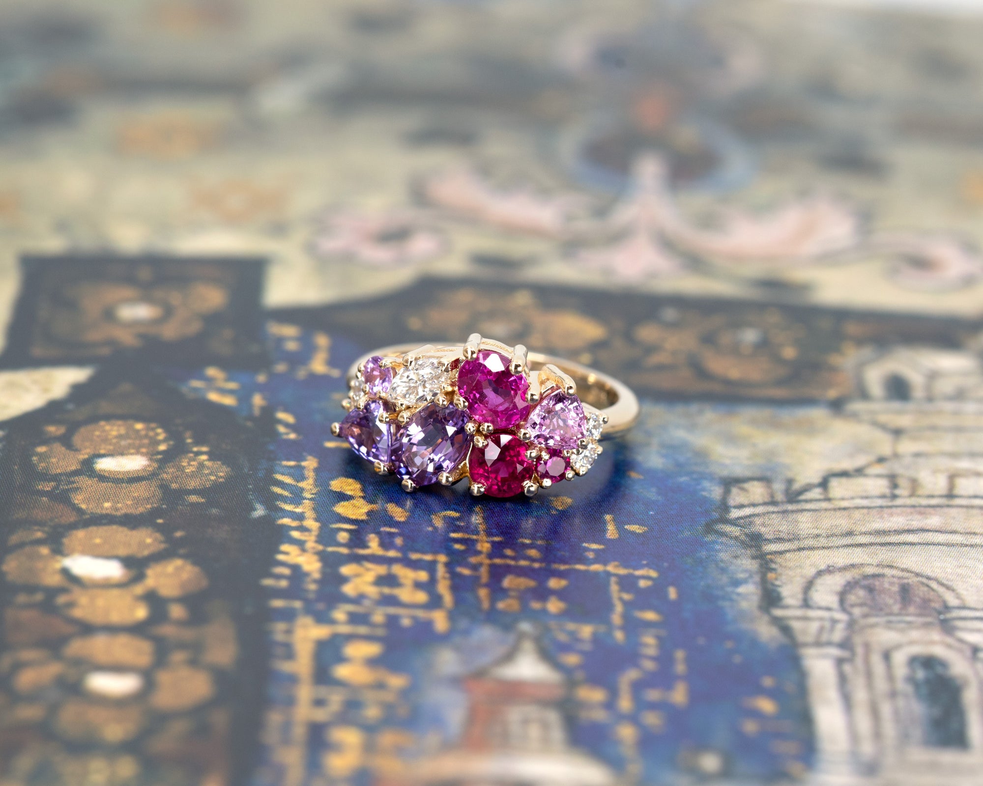 Captures the sparkle of the gemstones and the luminous finish of the yellow gold setting. Made in Montreal, Canada, by Bena Jewelry.