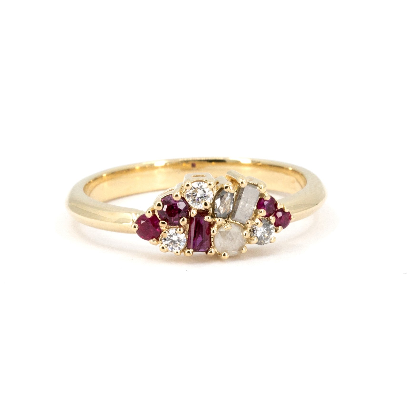 Ruby & Salt And Pepper Diamond Avalanche Ring on white background, featuring scattered rubies and salt and pepper diamonds in yellow gold.