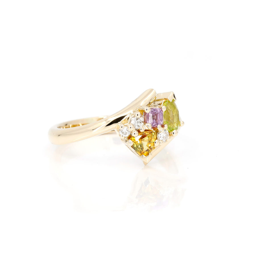 Kink Avalanche Sapphire, Diamond & Peridot Gold Ring