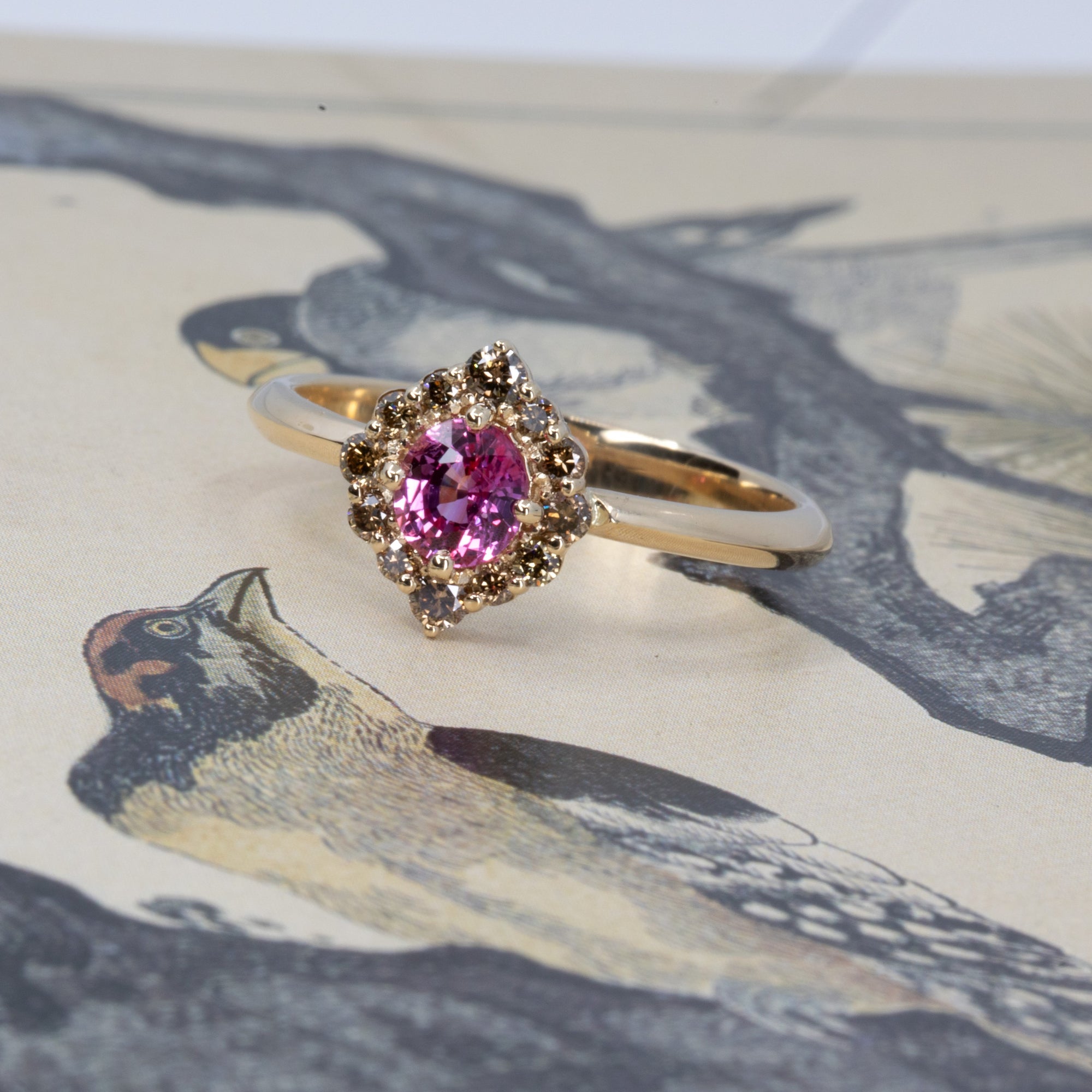 Artistic shot of Bena Jewelry’s pink sapphire and brown diamond ring on a textured background, showcasing its modern design and warm gold tones.