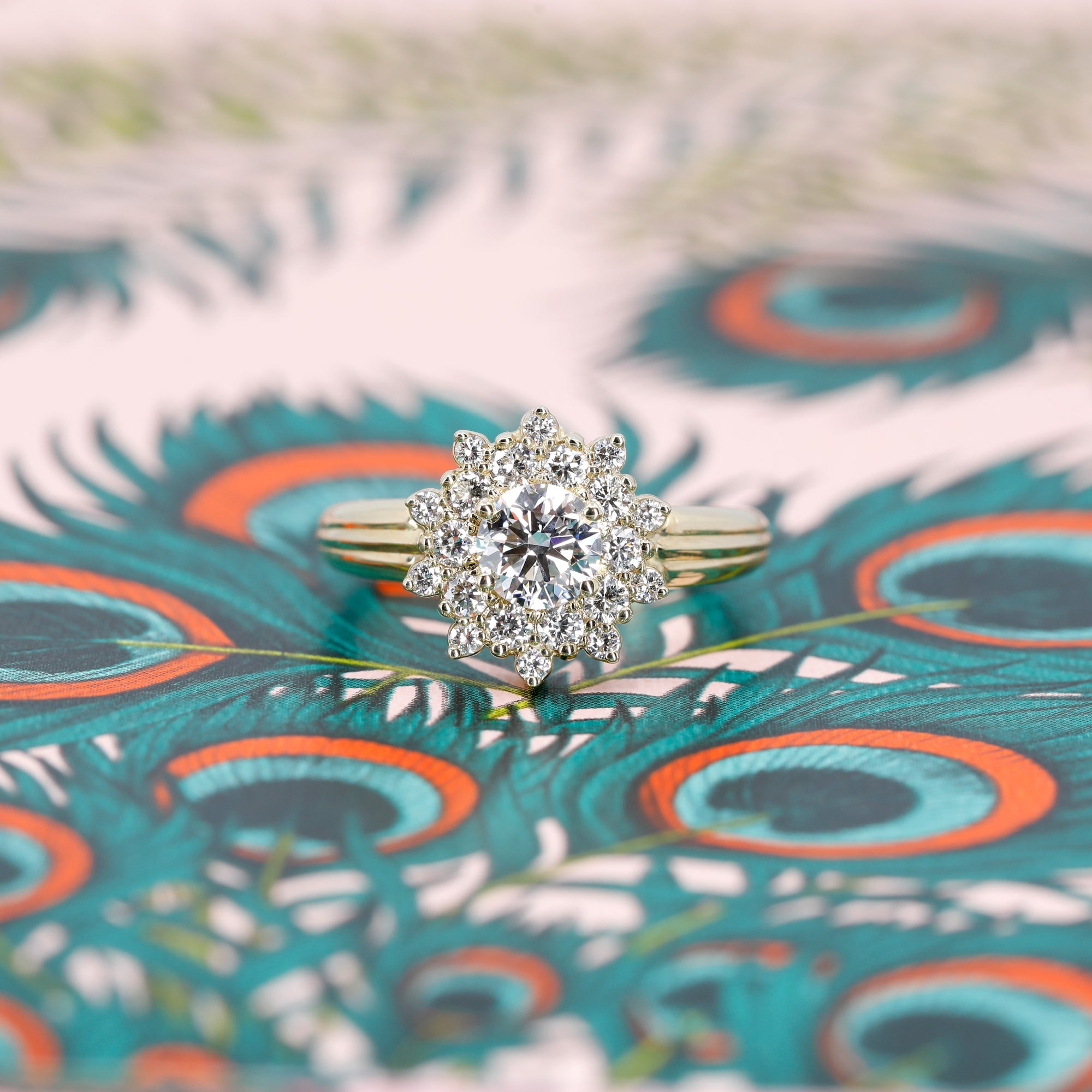 Detailed view of the intricate double halo setting, showcasing the brilliance of this handmade engagement ring by Bena Jewelry, Montreal.