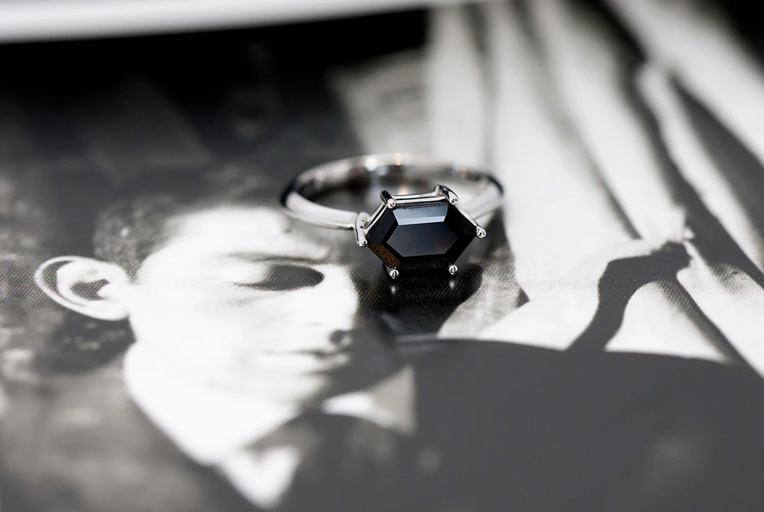 Hexagonal Black Spinel White Gold Ring