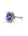 CUSHION BLUE SAPPHIRE DIAMOND HALO RING | White Gold