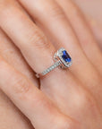 CUSHION BLUE SAPPHIRE DIAMOND HALO RING | White Gold