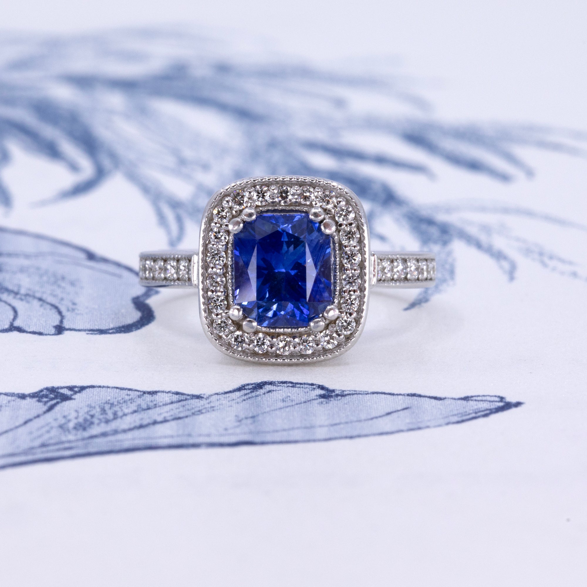 CUSHION BLUE SAPPHIRE DIAMOND HALO RING | White Gold