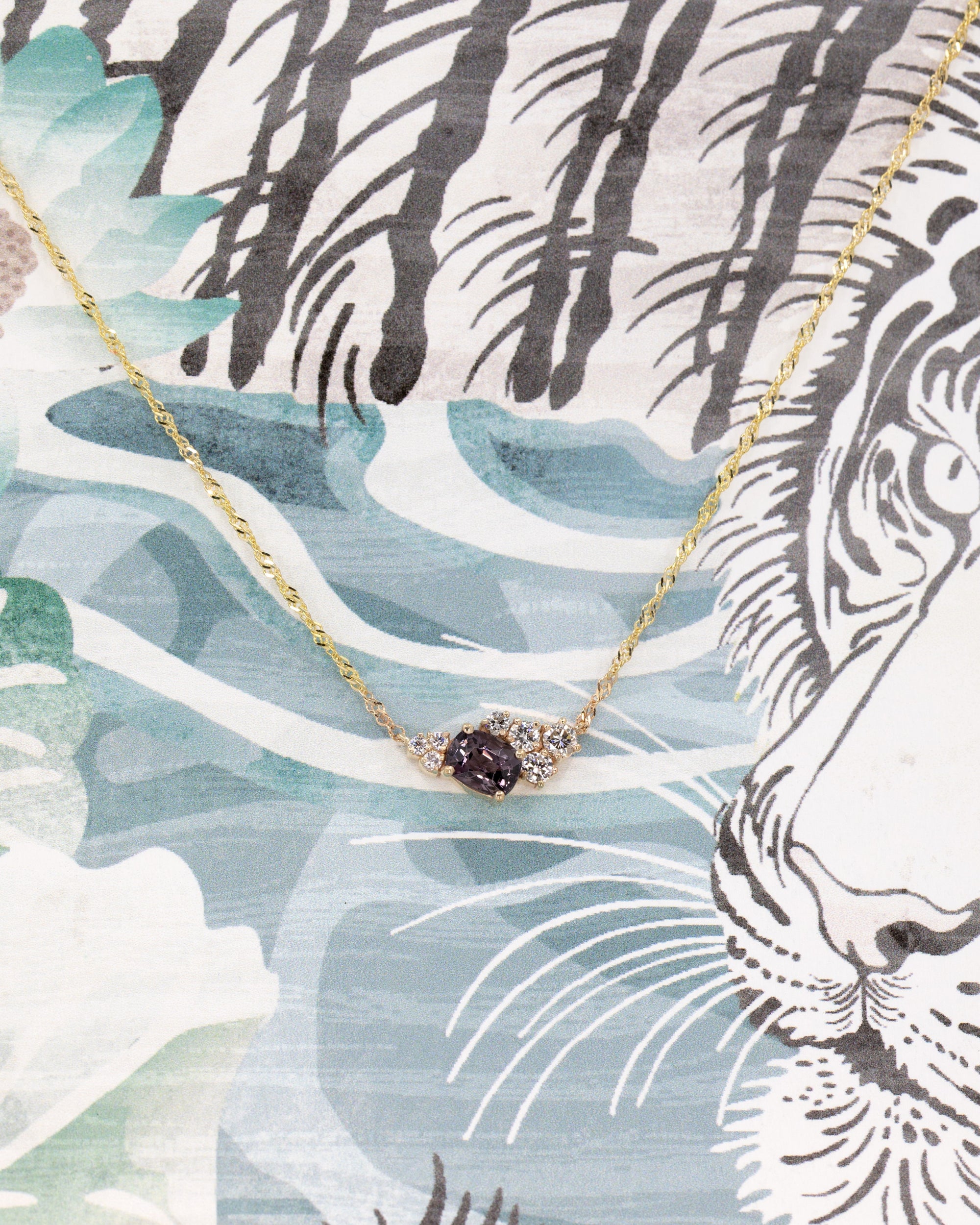 Close-up of the Spinel & Diamond Pendant in Yellow Gold – Featuring a sleek elongated cushion spinel and asymmetrical diamond placement.