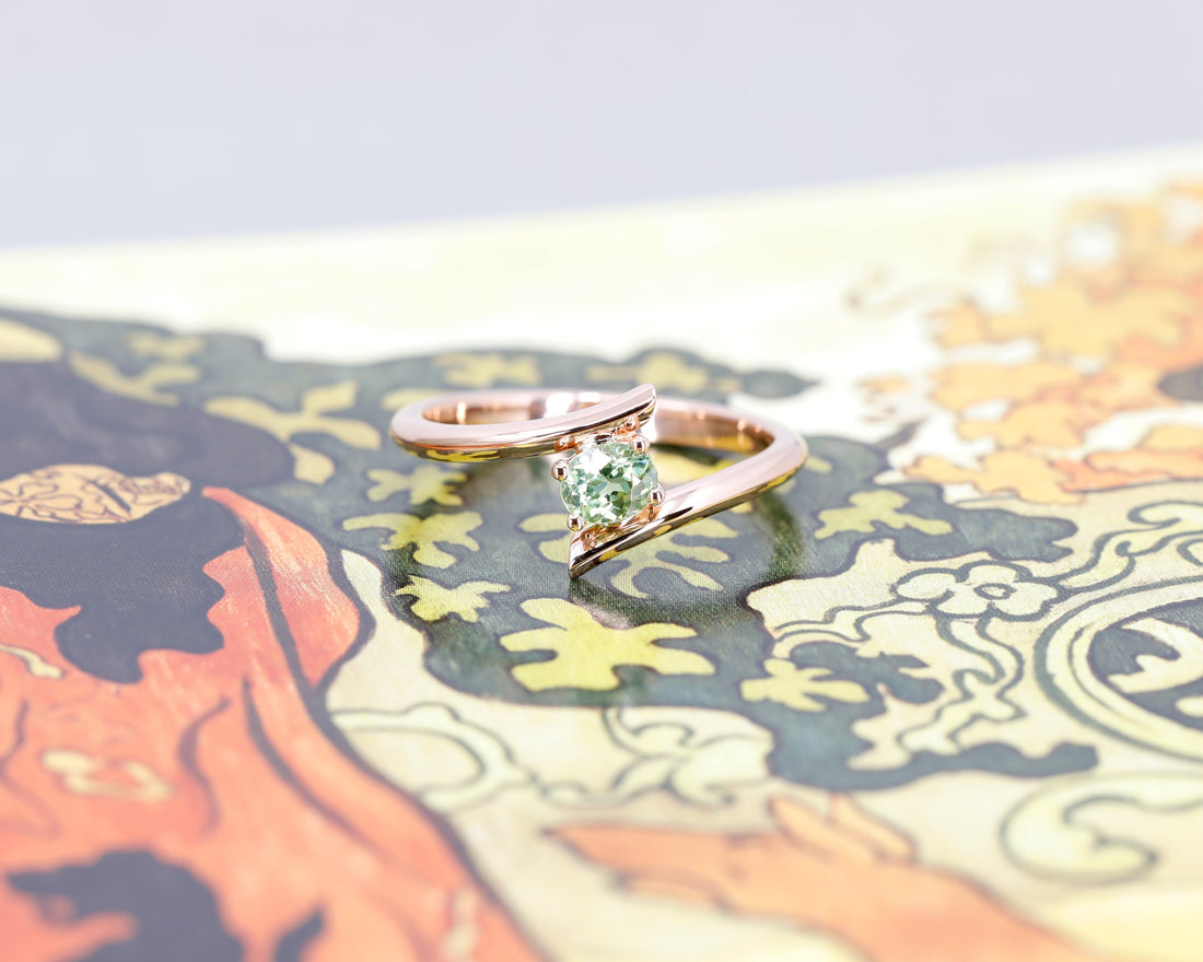 oval shape designer bridal engagement ring with green gemstone demantoid bena jewelry
