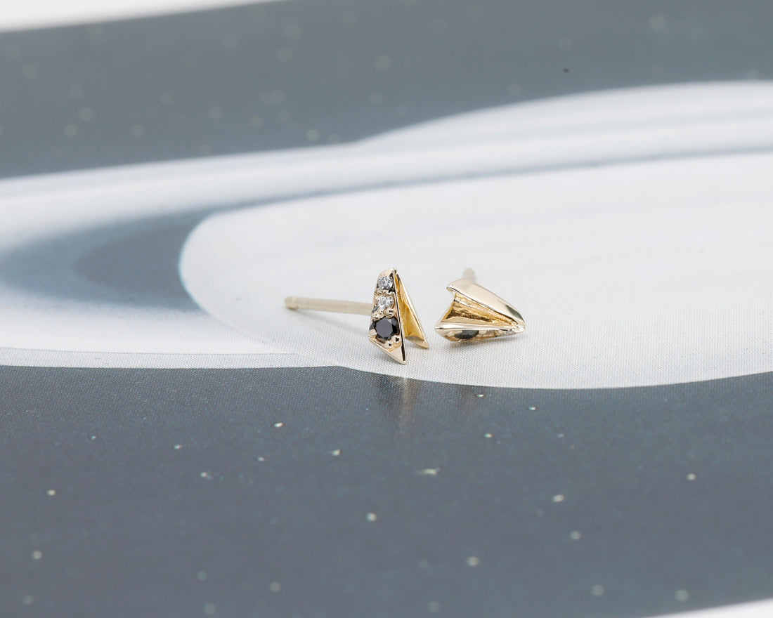 Black & White Diamond Yellow Gold Edges Stud Earrings