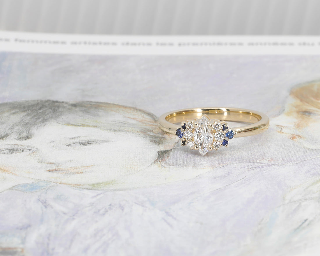 marquise shape lab grown diamond and sapphire engagement ring custom made in montreal