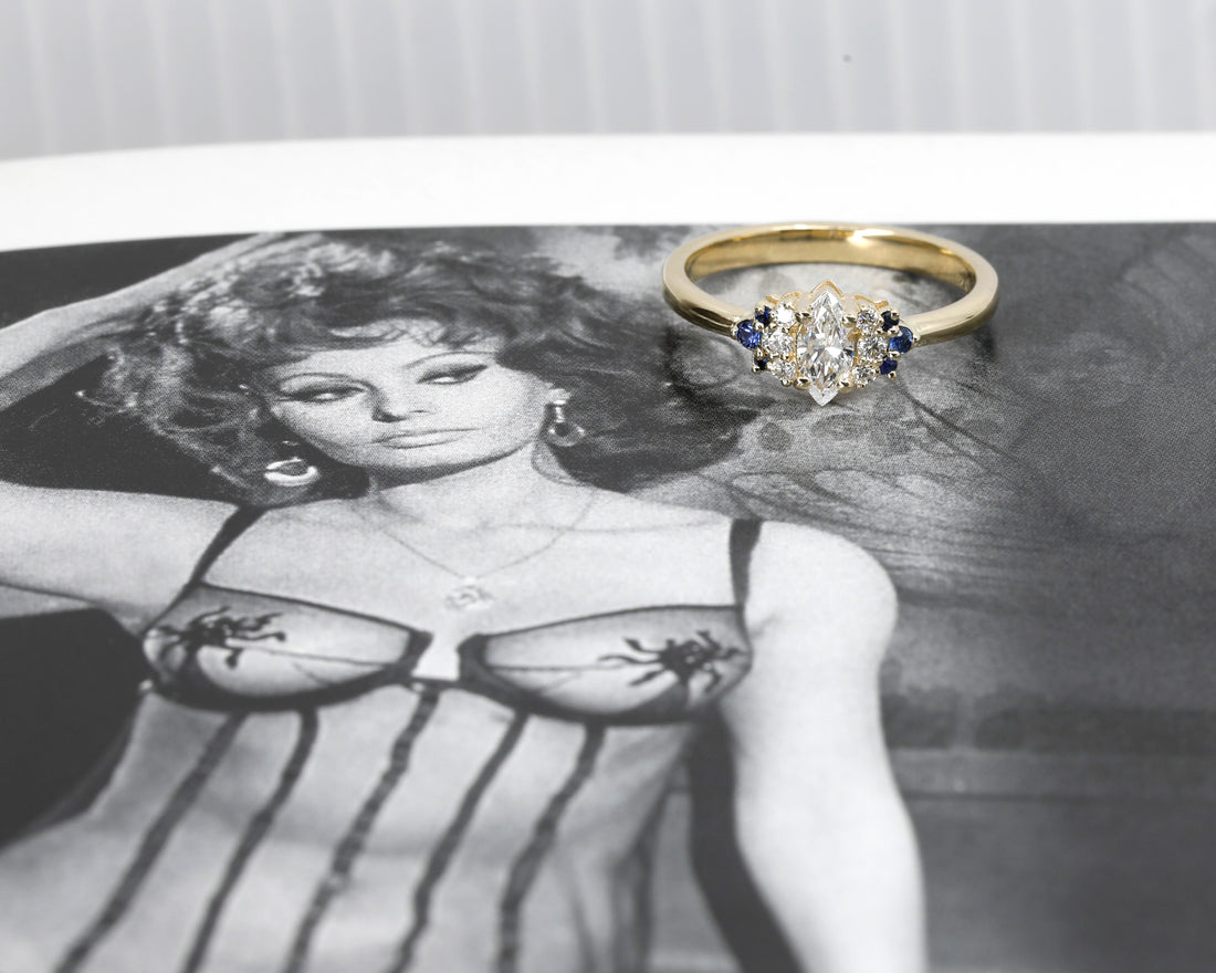 marquise shape lab grown diamond with blue sapphire made in montreal by bena jewelry