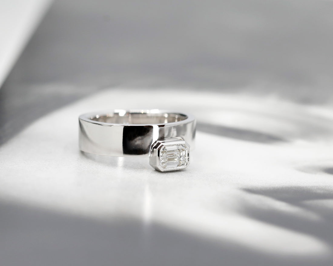 Boxy Lab Grown Emerald Shape Diamond White Gold Ring