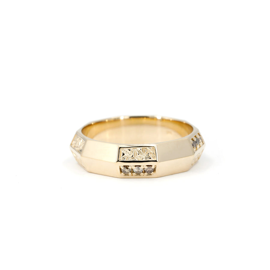 yellow gold brown diamond men wedding ring custom made in montreal by bena jewelry designer on white background