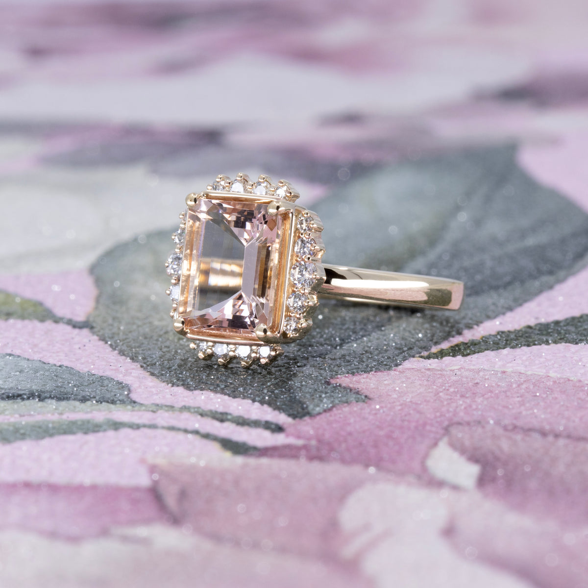 PEACH MORGANITE DIAMOND HALO RING | Yellow Gold