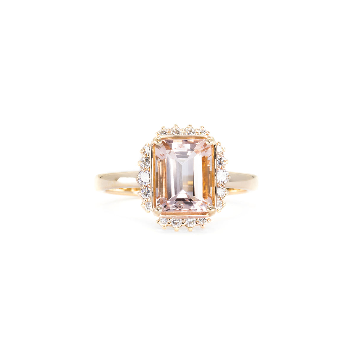 PEACH MORGANITE DIAMOND HALO RING | Yellow Gold