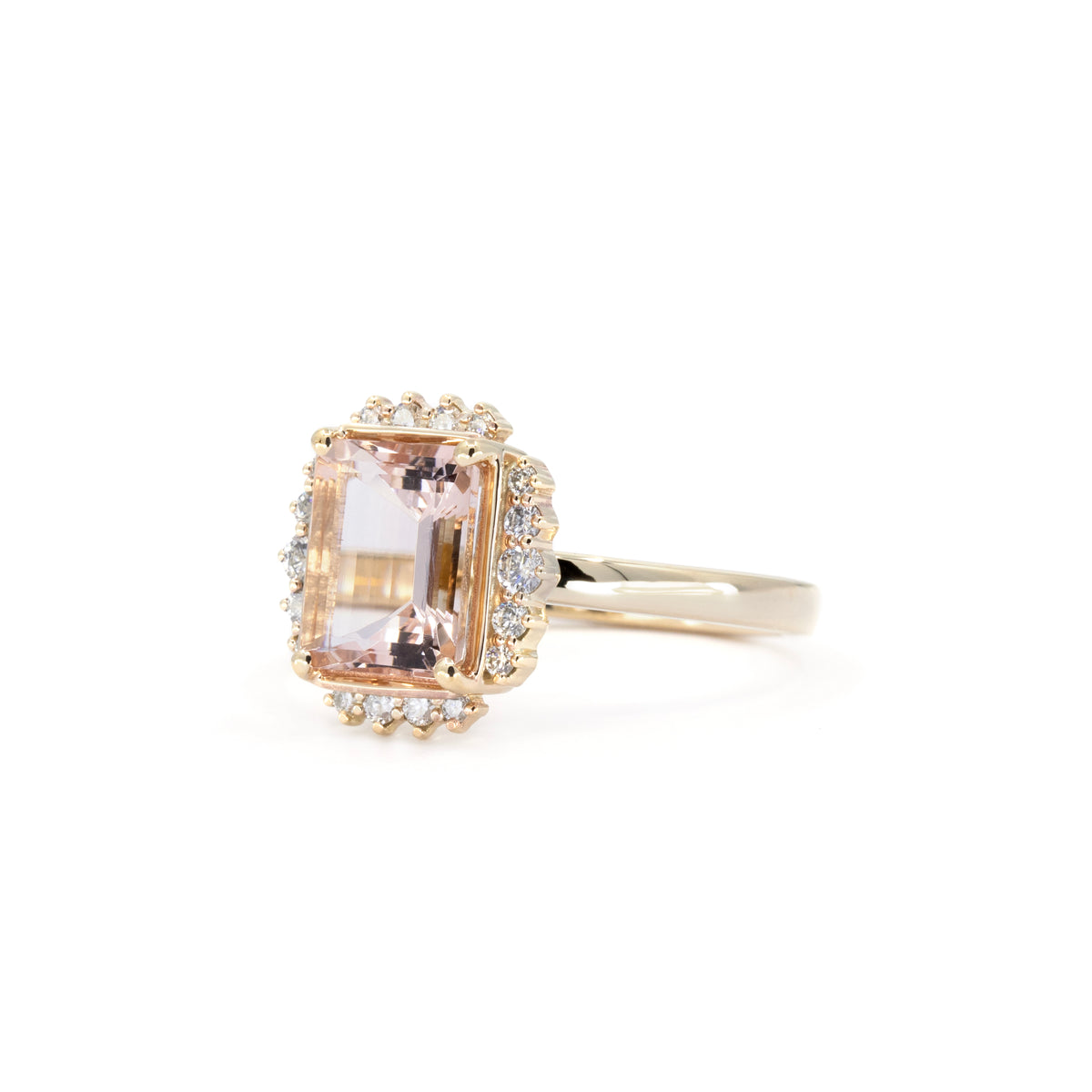 PEACH MORGANITE DIAMOND HALO RING | Yellow Gold