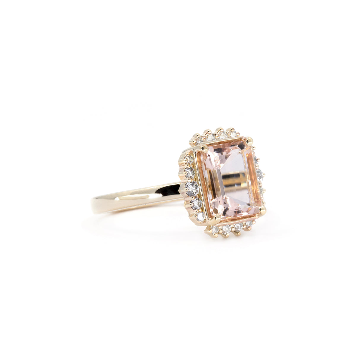 PEACH MORGANITE DIAMOND HALO RING | Yellow Gold