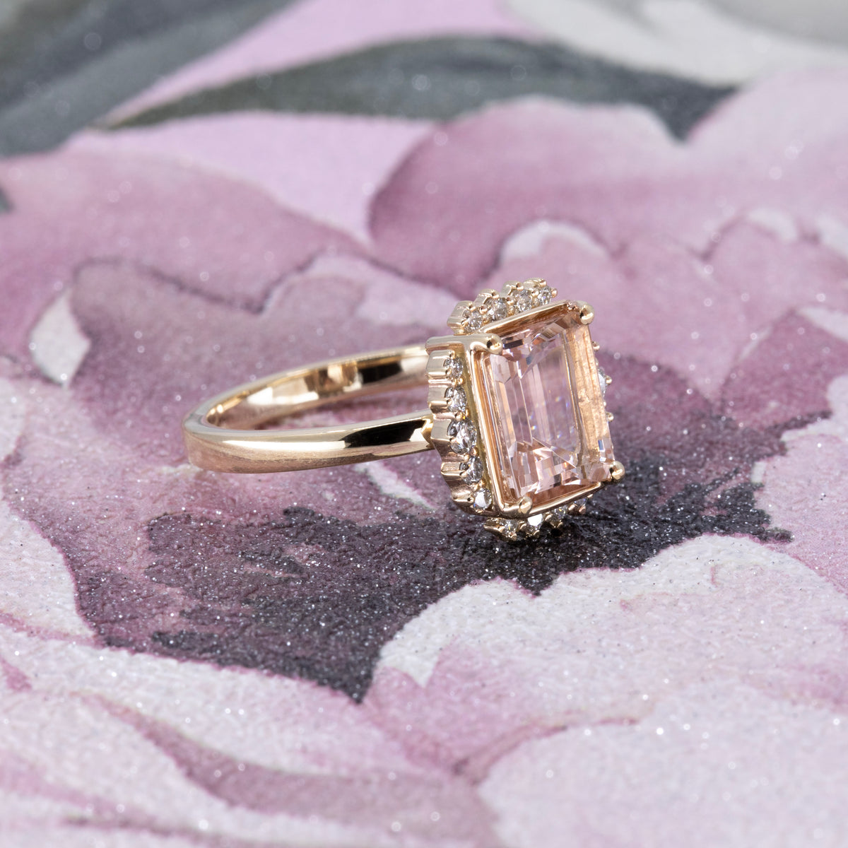 PEACH MORGANITE DIAMOND HALO RING | Yellow Gold