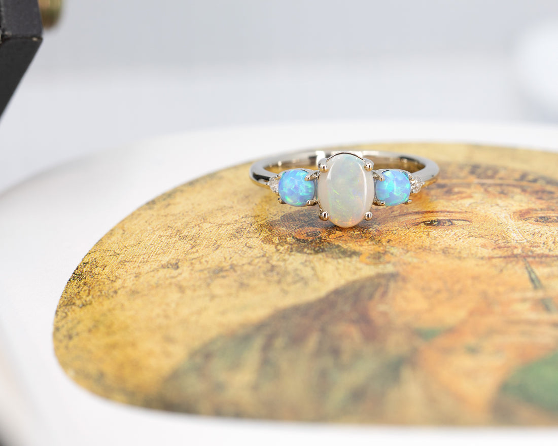 White And Blue Opal Diamond Gold Ring